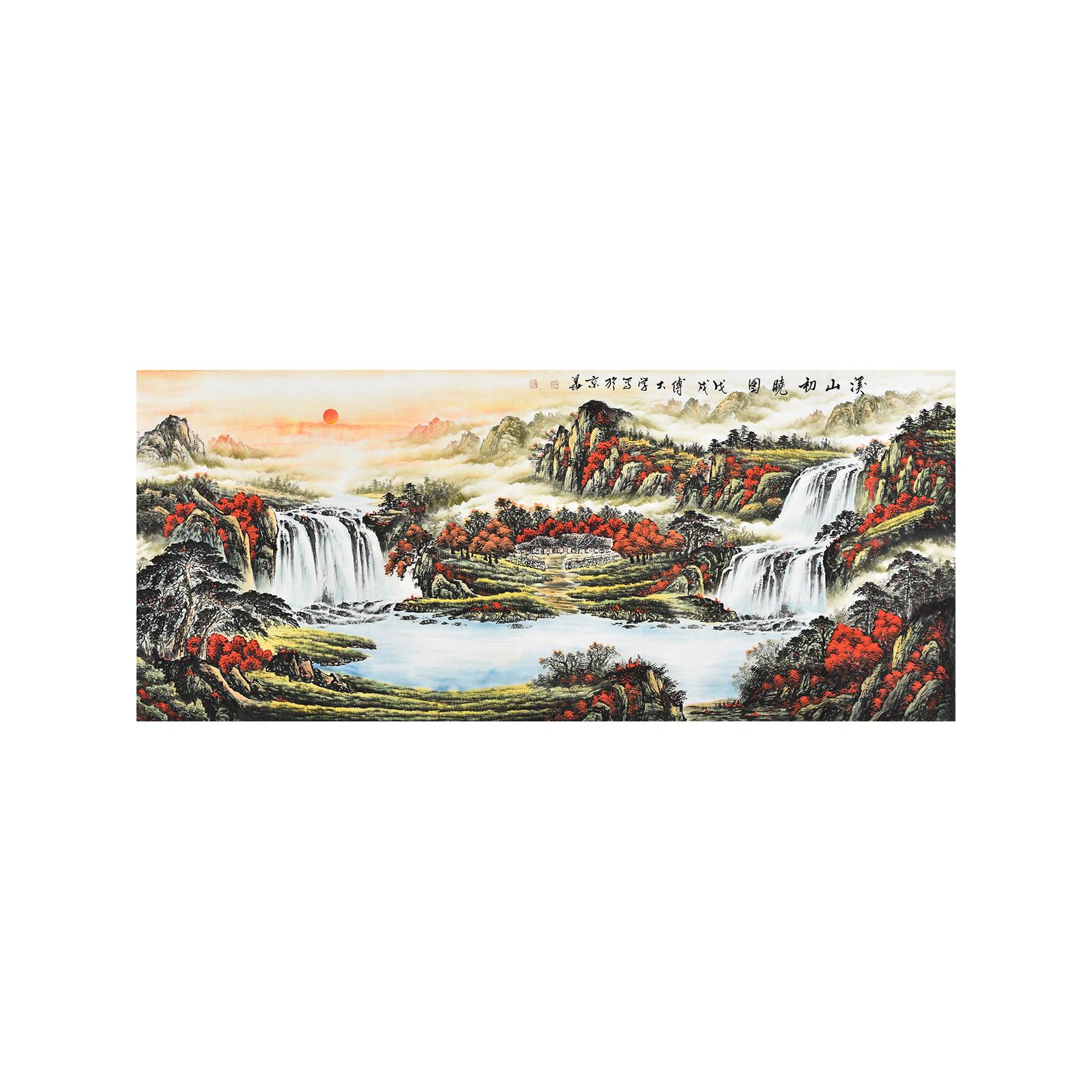 纯手绘瀑布流水八方聚财山水画客厅办公室招财靠山图聚宝盆国画