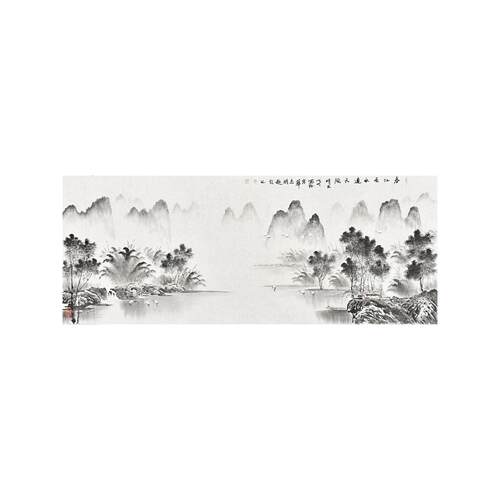 美协名家侯老师纯手绘水墨山水画《春江风水连天阔》横幅精品国画