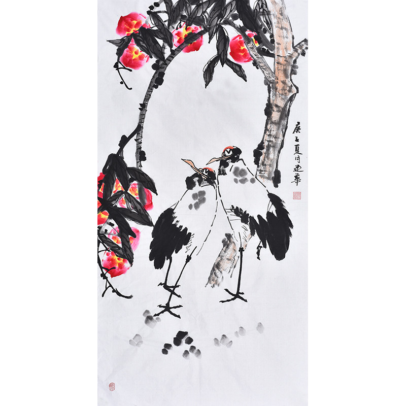纯手绘真迹国画写意水墨花鸟画寿桃仙鹤贺寿图老人祝寿送礼字画