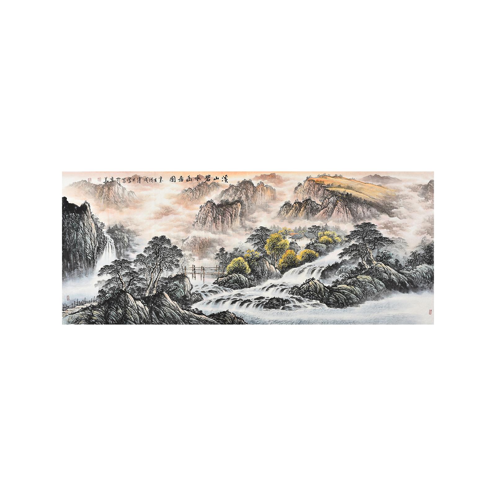 傅抱石弟子手绘2.4米巨幅山水客厅装饰画横幅中式沙发背景墙挂画