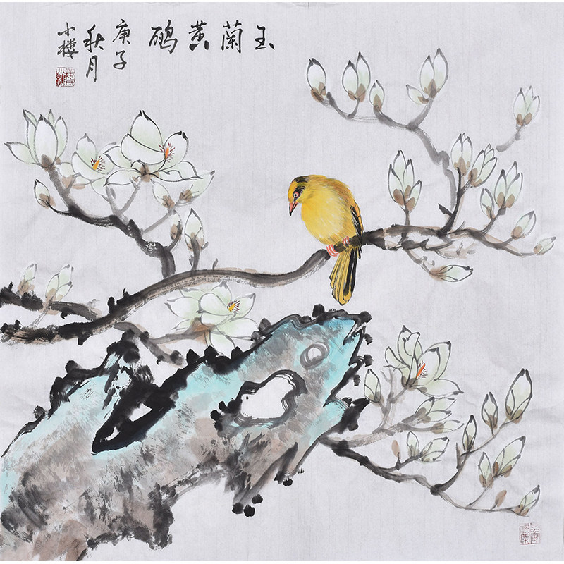 纯手绘国画花鸟画玉兰黄鹂鸟餐厅装饰画现代简约饭厅挂画客厅壁画