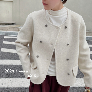 双面羊绒大衣女短款2024秋冬时髦宽松小个子高级感圆领羊毛呢外套
