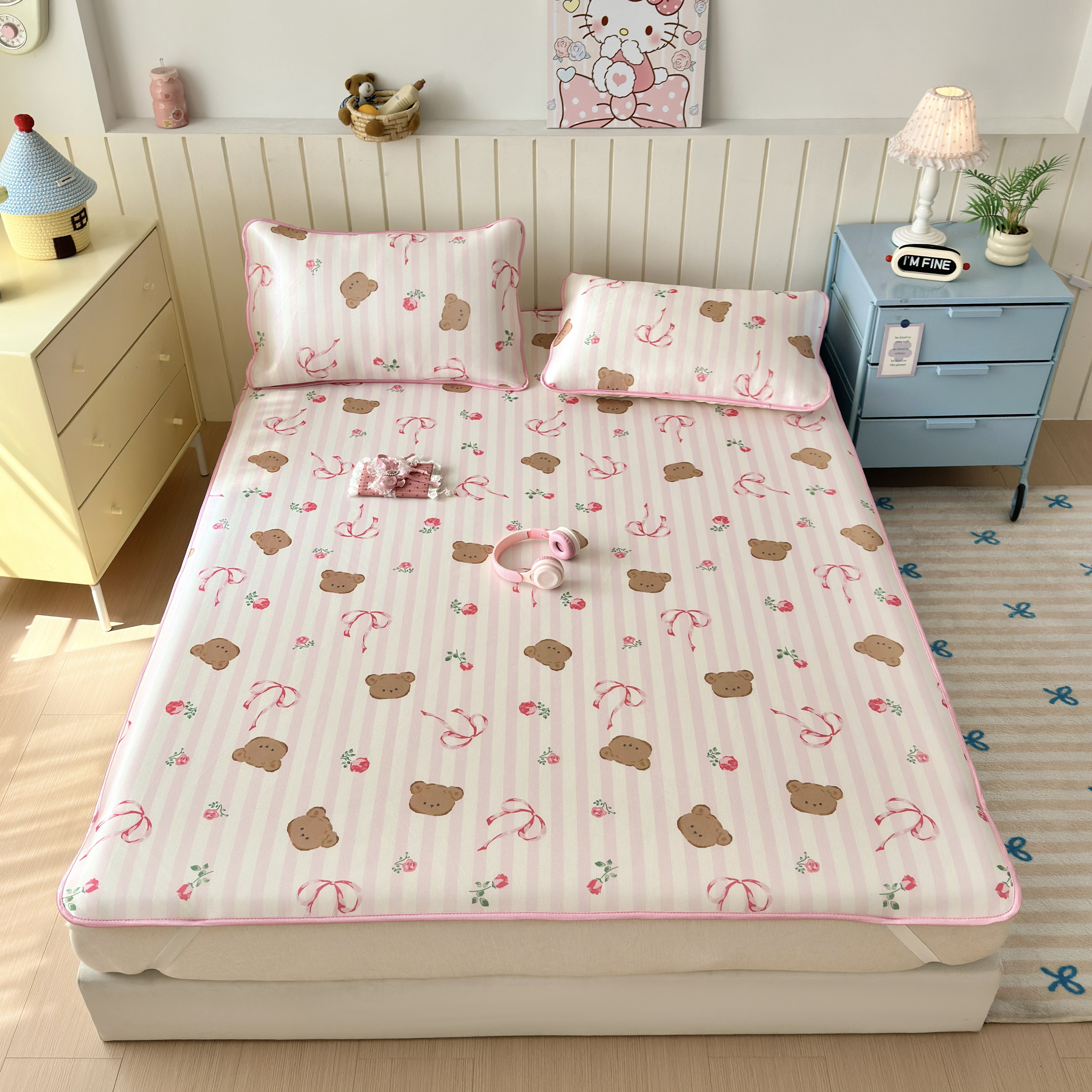 可爱卡通冰丝凉席三件套夏季学生0.9m宿舍单人1.2床软席子可机洗