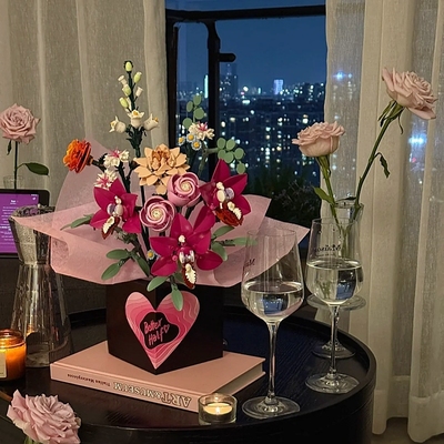 DIY星黛永生花拼装粉黛花束玫瑰积木花抱抱桶送女情人节礼物