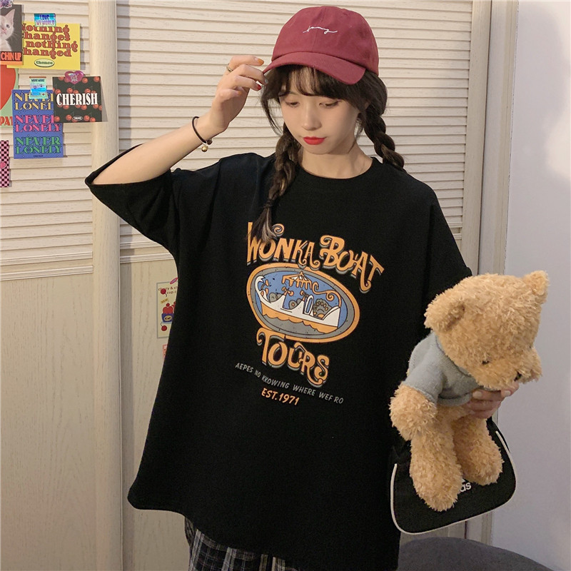 Real price real shot cotton short sleeve T-shirt women's print letter loose large