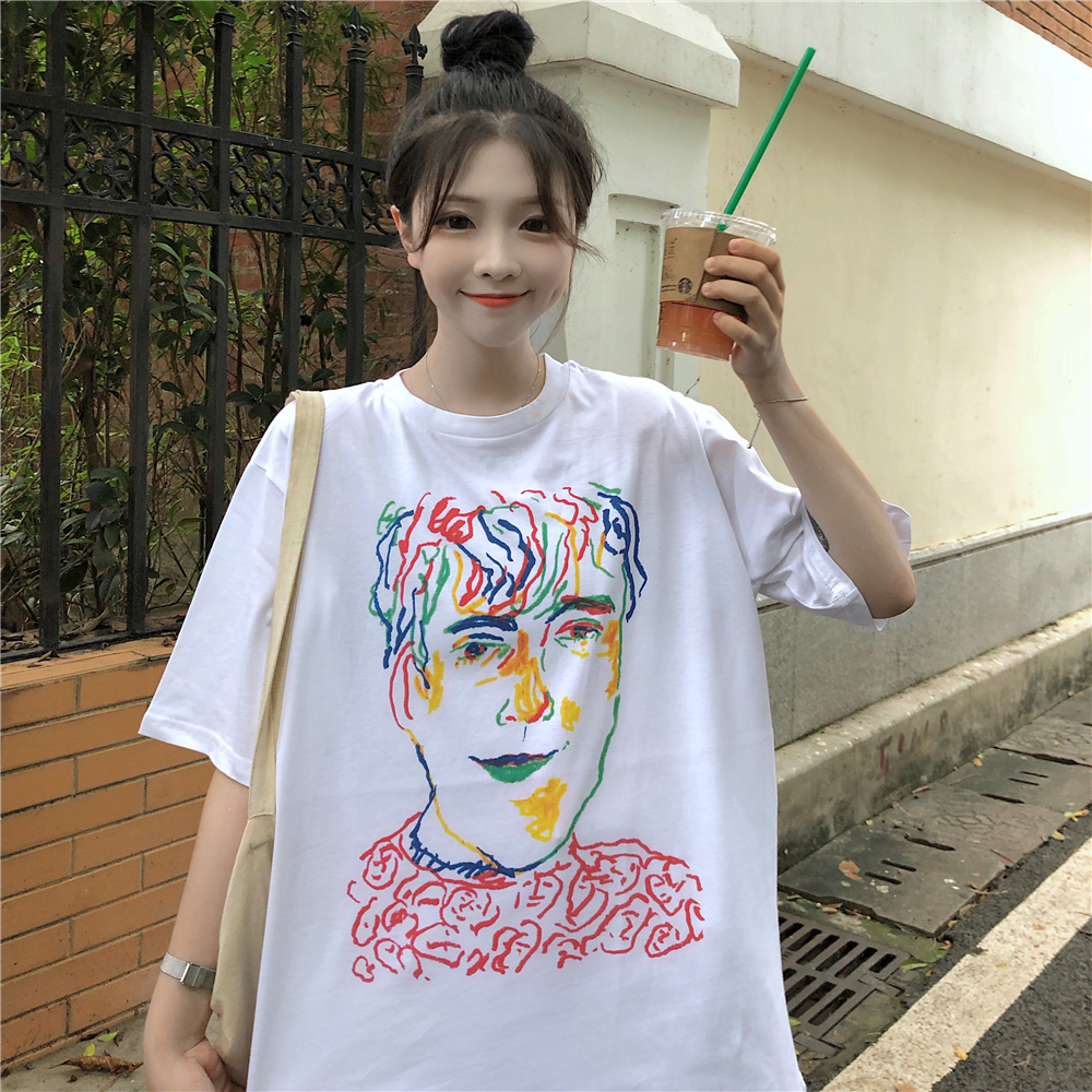 Real photo Cotton Retro figure print short sleeve T-shirt