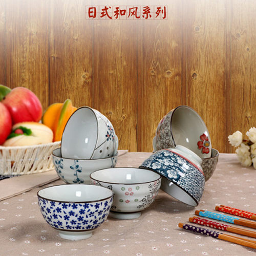 日式和风餐具釉下彩陶瓷碗4.25寸米饭碗高脚碗螺纹碗家用吃饭碗 - 封面