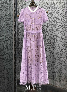 现货特价米兰小镇南油高版本温婉大气紫色蕾丝腰系带透视连衣长裙