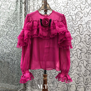 米兰小镇南油版 欧货甜宠女主领口一朵花荷叶蕾丝花边套头上衣L25