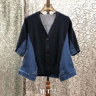 L13 A摆开衫 米兰小镇南油高版 本欧货针织拼接牛仔V领纽扣宽松短袖