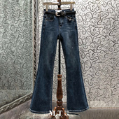 型显瘦水洗烫钻牛仔长裤 X米兰小镇南油高版 本高腰系皮带喇叭裤 K28