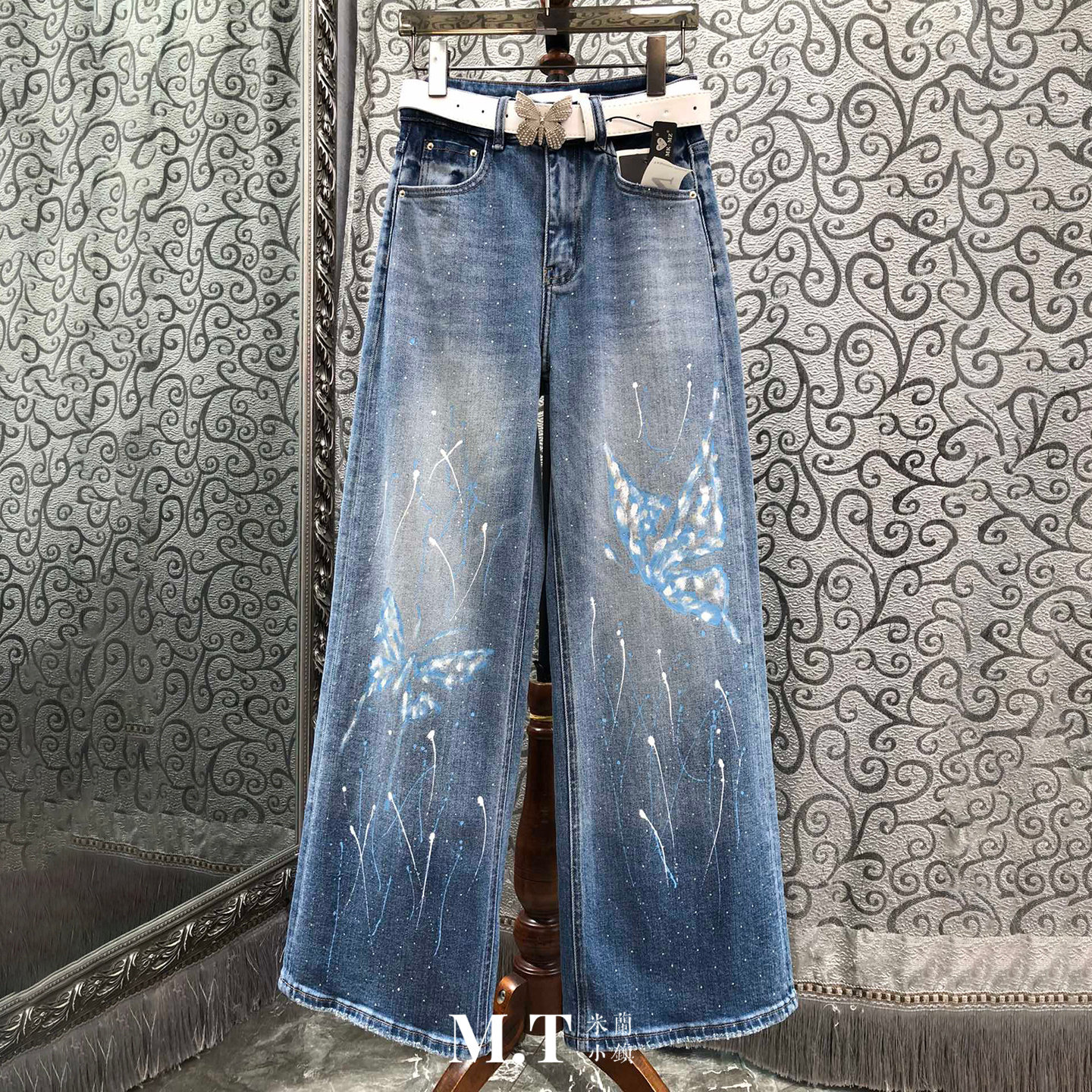 米兰小镇南油高版本蝴蝶钻扣腰带蓝焰油漆喷墨宽松直筒牛仔裤A16,女装/女士精品,牛仔裤,淘宝优惠券,粉丝福利购,淘宝优惠卷