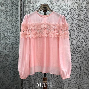 米兰小镇南油高版 千金风刺绣镂空花朵透视净色上衣L25 本浪漫法式
