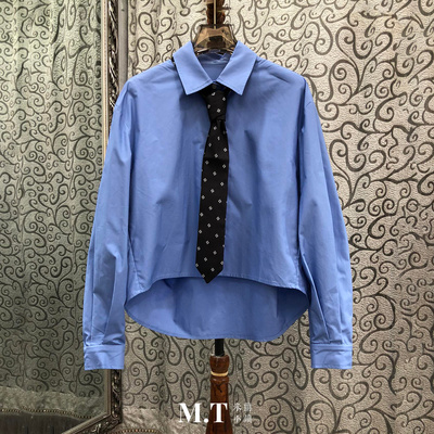 现货特价米兰小镇南油高版高校风前短后长宽松黑色领带套头短衬衫