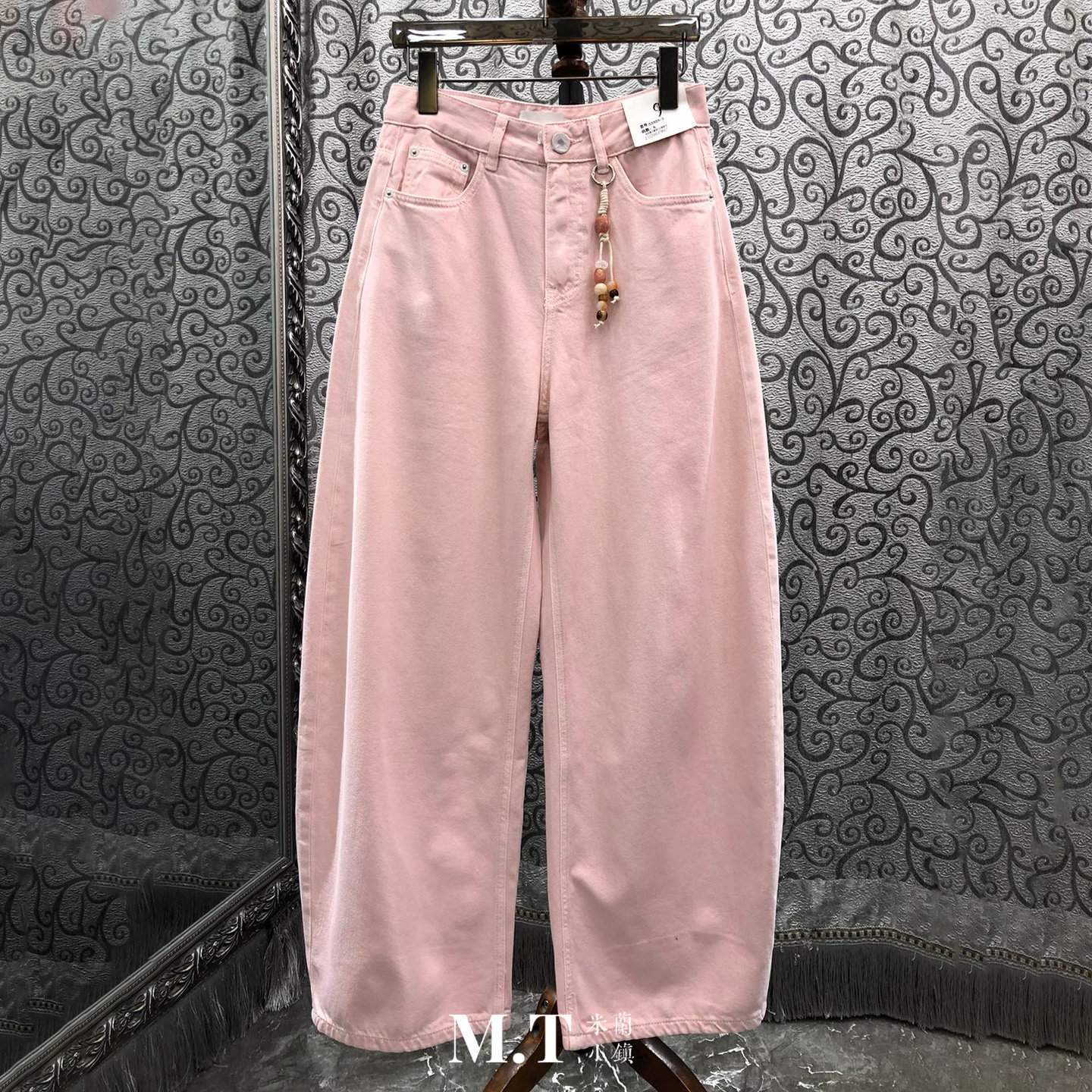 米兰小镇南油高版时尚阔腿弯刀裤粉色牛仔甜美减龄宽松裤子女D4