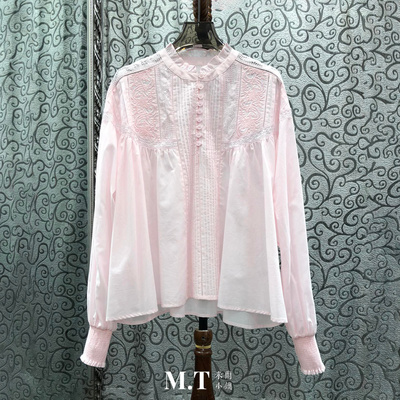 米兰小镇南油高版欧货荷叶立领半领单排扣打条纯色刺绣上衣女B27