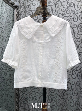 米兰小镇南油版欧货重工多元素洞洞刺绣翻领拼接蕾丝打条衬衫D22