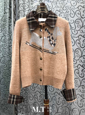 X米兰小镇南油版本欧货法兰绒格子翻领假两件提花小狗针织外套L20