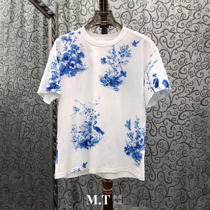 米兰小镇南油高版本青花瓷风格蓝白花鸟印花休闲百搭棉质白T恤E11