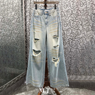 刀割破坏做旧水洗破洞拉丝宽松牛仔裤 C27 本时尚 米兰小镇南油高版