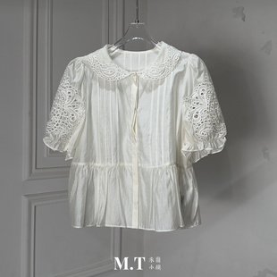 短裤 娃娃领镂空刺绣衬衫 上衣 纯色套装 特价 断码 米兰小镇南油高版
