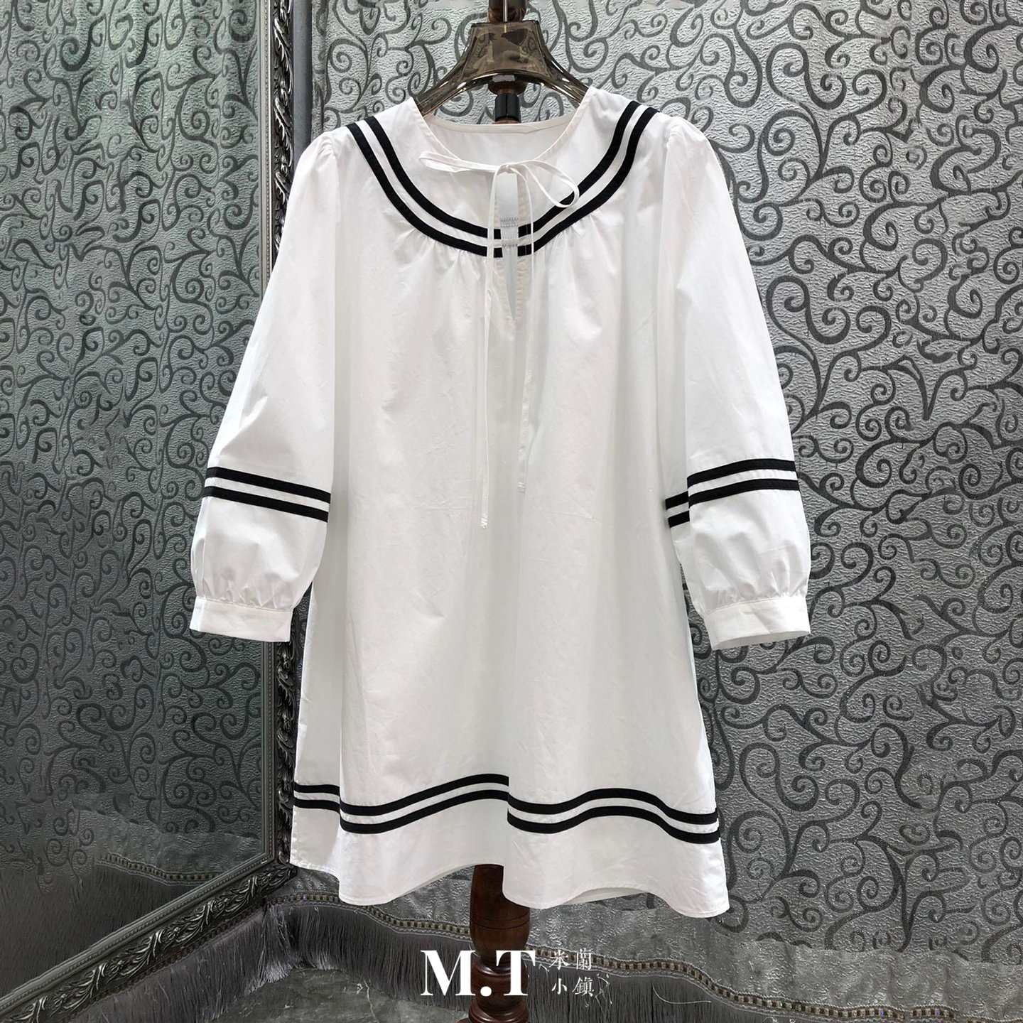 米兰小镇南油高版本欧货学院高校风拼色条纹领系结套头连衣裙A16,女装/女士精品,连衣裙,淘宝优惠券,粉丝福利购,淘宝优惠卷