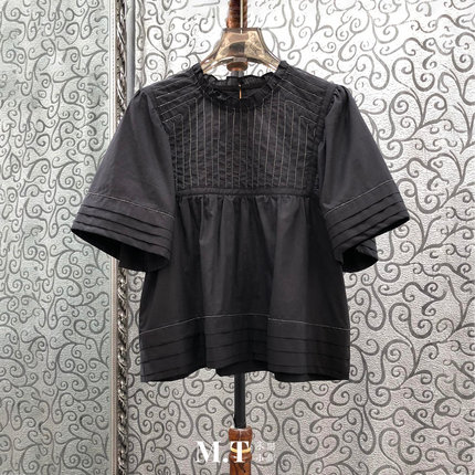 米兰小镇南油高版欧货时髦简洁烫珠条纹袖口打褶套头棉宽松上衣A7