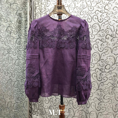 米兰小镇南油版本欧货绝美浪漫水溶花透视拼接两件套长袖上衣L18