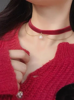 珍珠短款饰品新娘酒红色颈链锁骨链礼服choker项圈项链流苏女