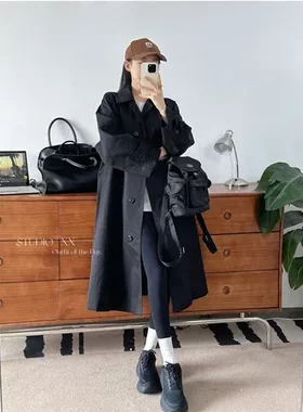 ！简约斜纹秋风衣抗风外套中长款设计师小众纯棉女高密单排扣廓形