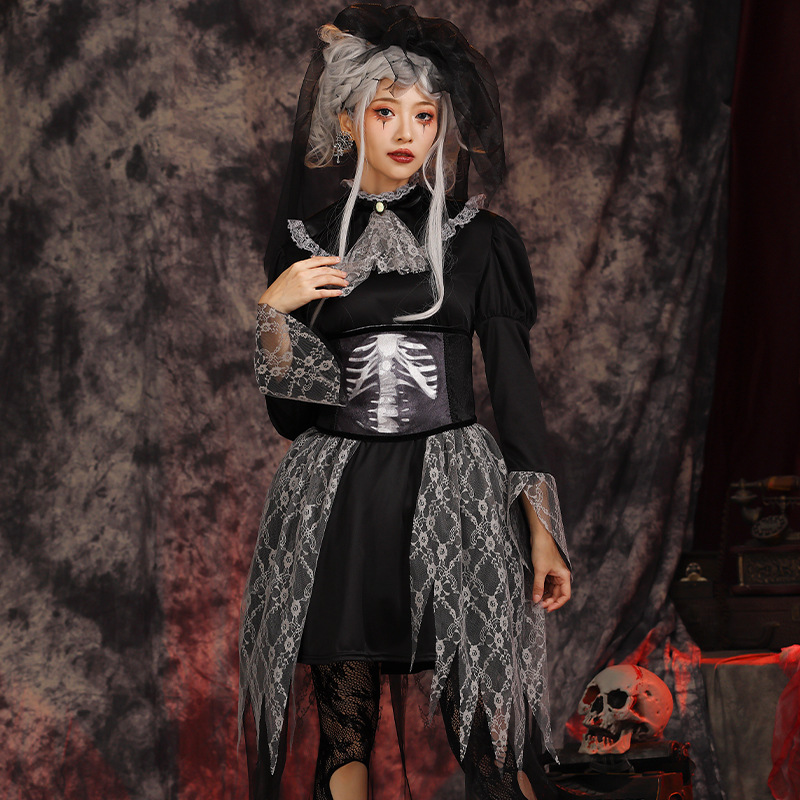 万圣节女士骷髅僵尸新娘cosplay角色扮演服暗黑哥特系连衣裙头纱