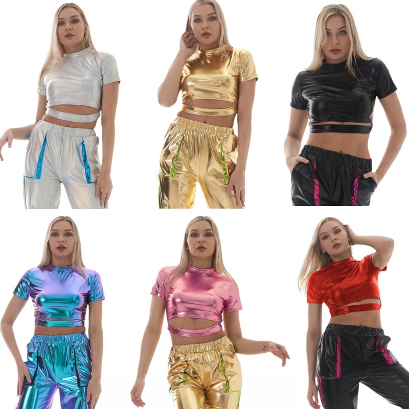 女士金银黑色仿皮短袖T恤舞蹈表演服亮面漆皮小高领短款露脐上衣