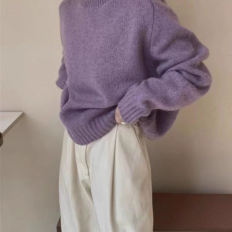 韩系软糯针织衫秋冬新款紫色毛衣