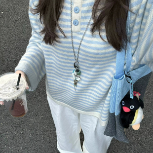 慵懒感蓝色条纹圆领针织衫女秋冬季新款宽松套头毛衣早秋穿搭上衣