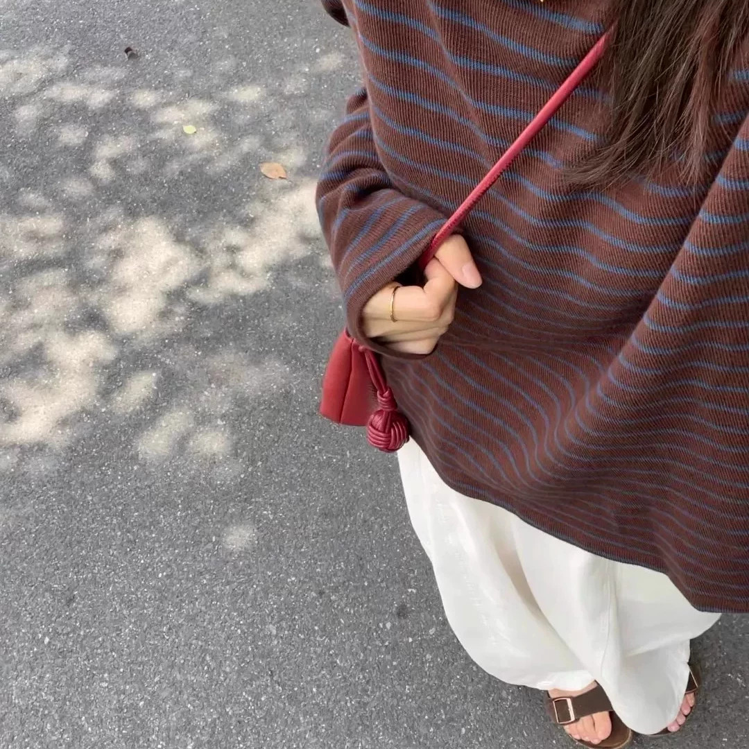 韩系复古条纹圆领套头针织衫女秋冬季新款宽松百搭长袖松弛感上衣