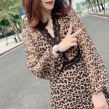秋装 蕾丝豹纹连衣裙雪纺长袖 洋气流行连衣裙 欧洲站2019新款 女装