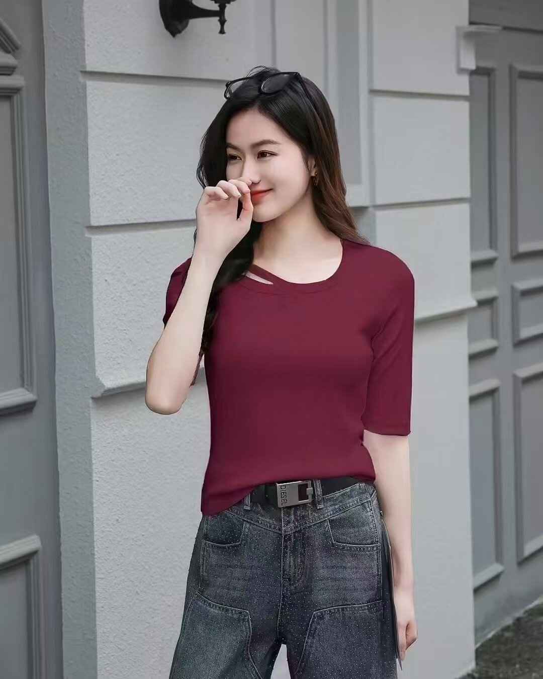 卡玛娅圆领中袖t恤女2025年秋新款短修身七分袖打底半袖体恤3003