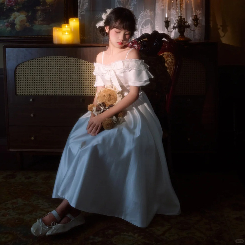 影楼2025新款白色吊带女童礼服公主裙生日舞台演出服连衣裙蓬蓬