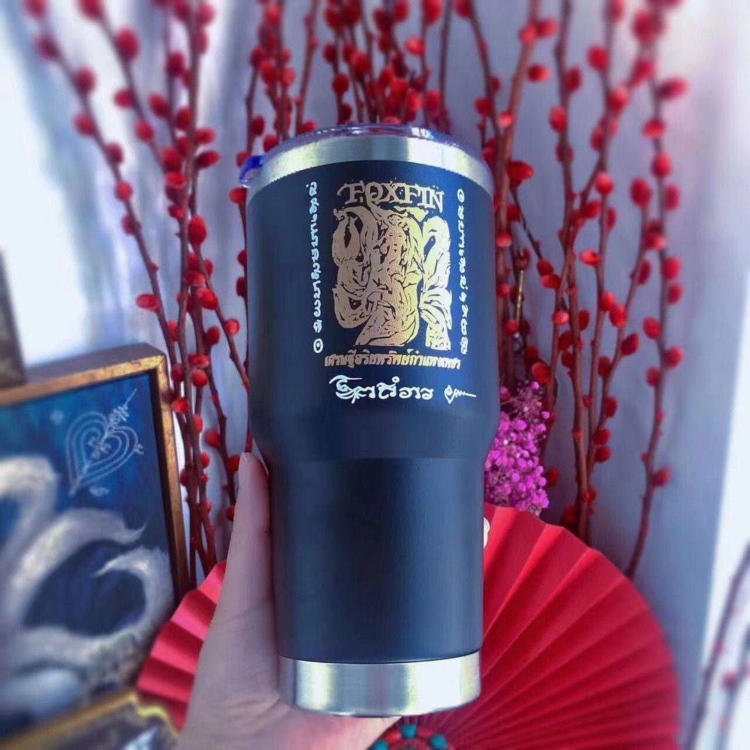 泰国特色水杯欧查黑色水杯保温带吸管