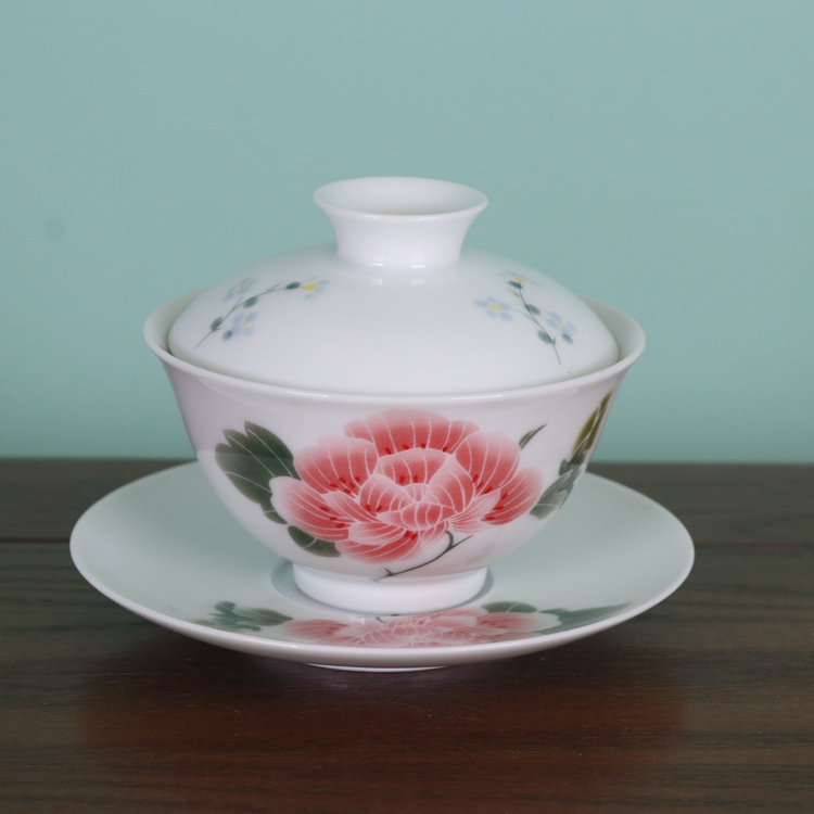 70年代釉下彩芙蓉花盖碗茶杯景德镇古玩古董陶瓷器收藏送礼