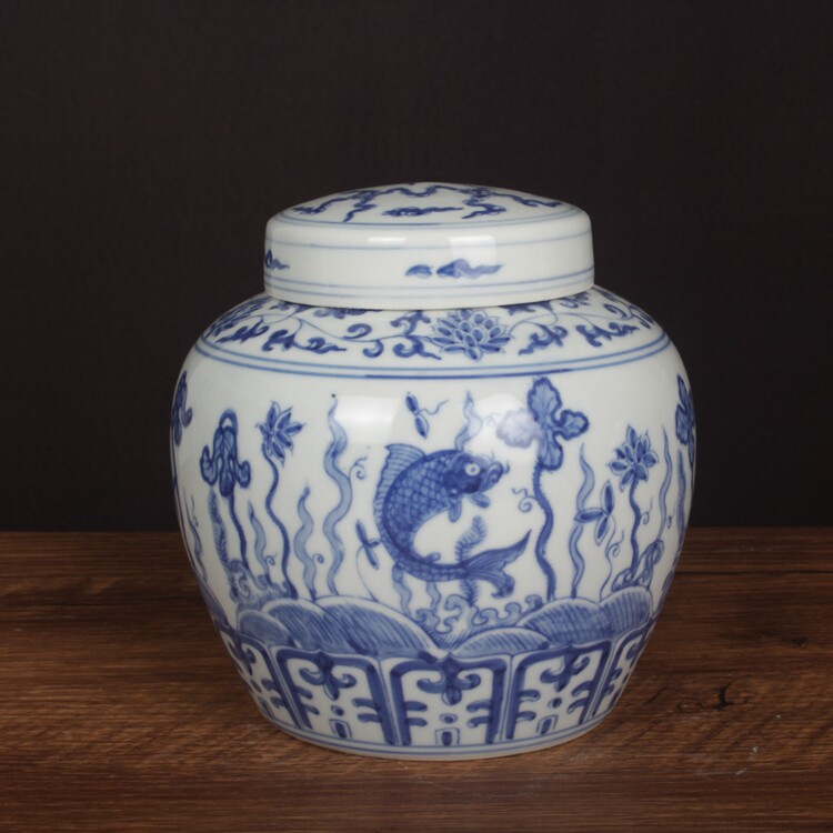 明成化青花手绘鱼藻花卉天字罐茶叶罐古玩古董陶瓷器仿古老货收藏