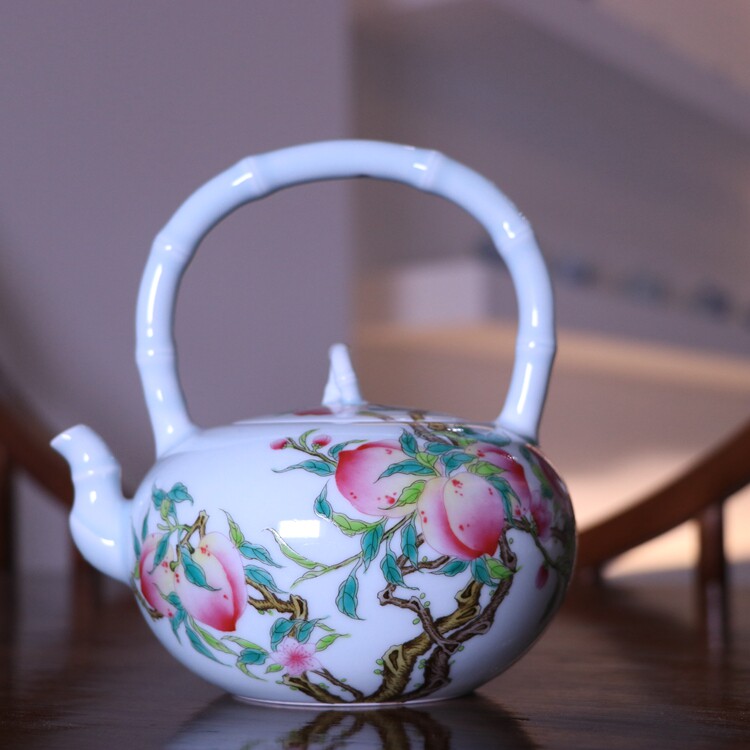 仿古乾隆粉彩寿桃提梁茶壶古玩古董陶瓷器复古中式手工茶具收藏品