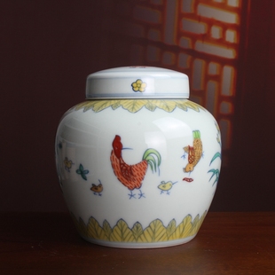 大明成化青花斗彩 鸡纹天字茶叶罐 手绘仿古古玩古董陶瓷器收藏品