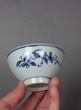 仿古瓷晚清民国民窑青花花鸟小茶杯品茗杯 古董古玩陶瓷器收藏品