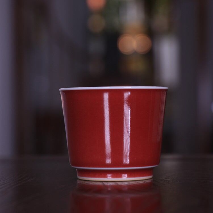 仿古康熙祭红釉马蹄茶杯主人杯 手工高温颜色釉品茗杯景德镇古玩