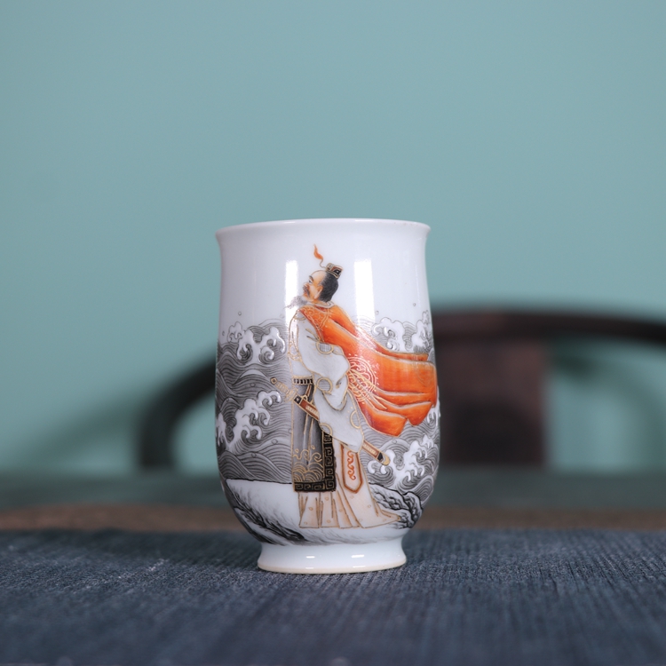 粉彩矾红手绘人物观沧海闻香杯茶杯景德镇复古陶瓷器手工茶具品茗