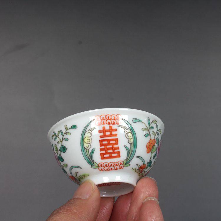 晚清民国民窑粉彩手绘喜字杯景德镇古玩古董陶瓷器仿古收藏摆件