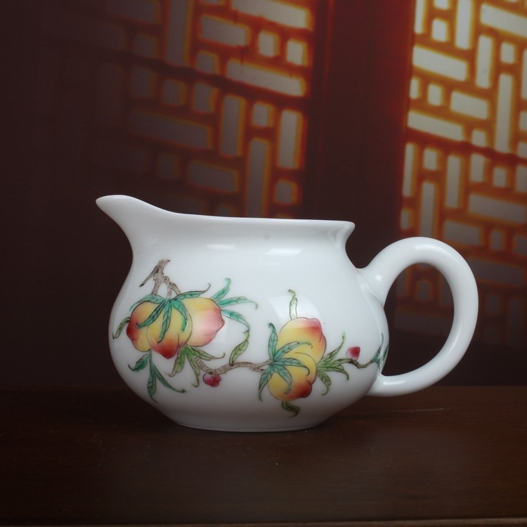 慎德堂全手绘粉彩寿桃花卉公道杯茶具手工景德镇陶瓷器收藏品摆件
