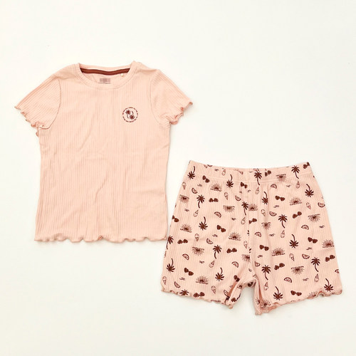 外贸尾货女童夏季粉色家居服套装