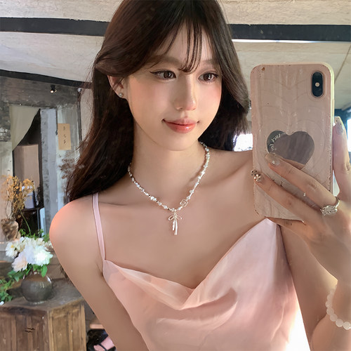 蜜桃茶甜妮莉莉安蝴蝶结碎银项链